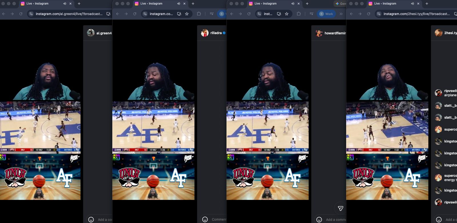 Four Instagram stories side-by-side showing athlete-led broadcasts