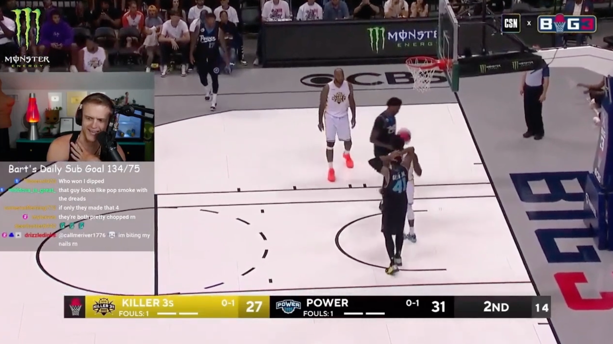 Creator co-stream with webcam overlay during BIG3 basketball broadcast